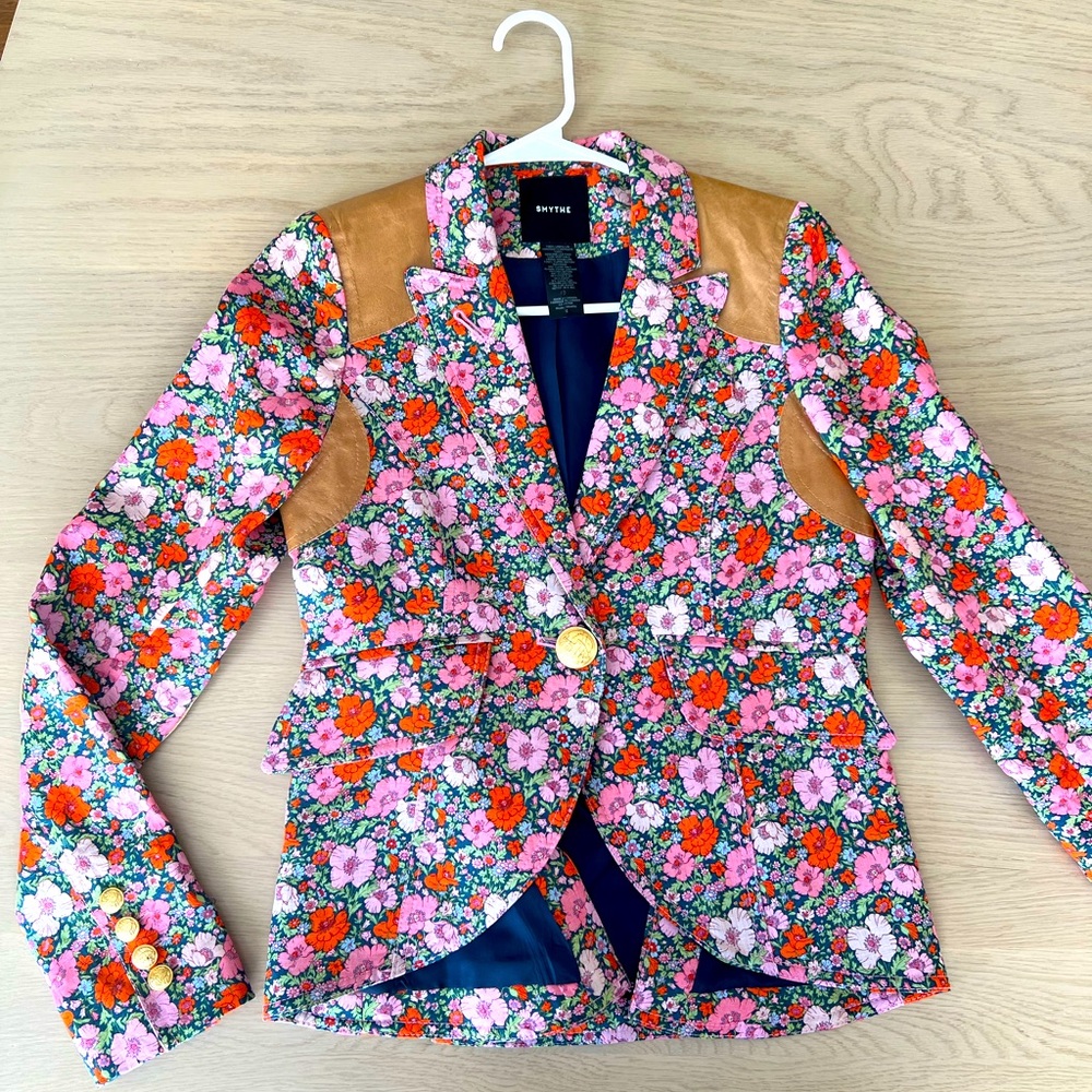 Smythe Floral Rifle Patch one button linen Blazer size 4